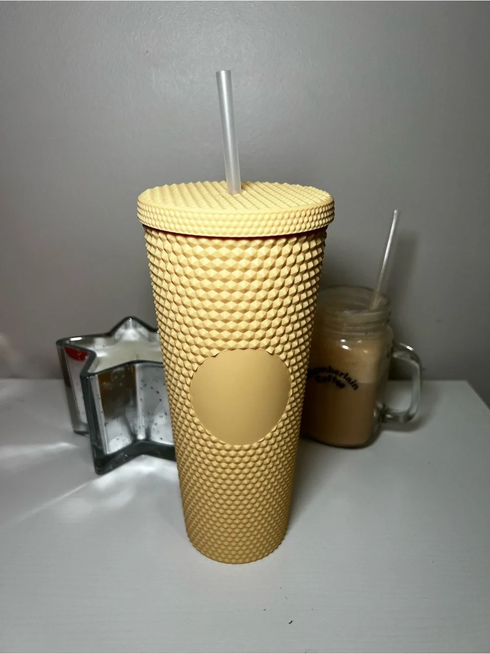 Textured Studded Tumbler with Straw - Pale Yellow